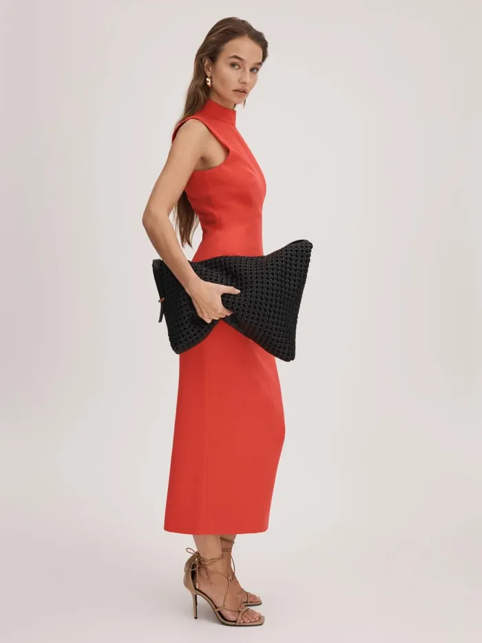 Women Reiss Brands Crepe Fitted Midi Dress Deep Coral