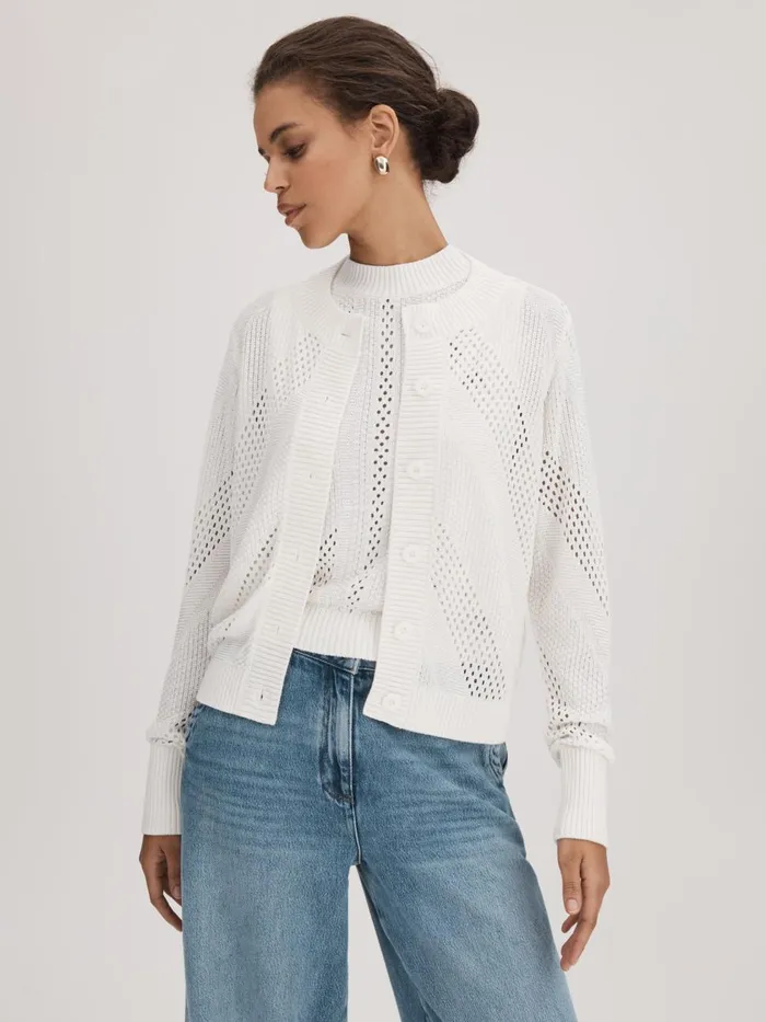 Women Reiss Brands Crochet ButtonThrough Cardigan Ivory