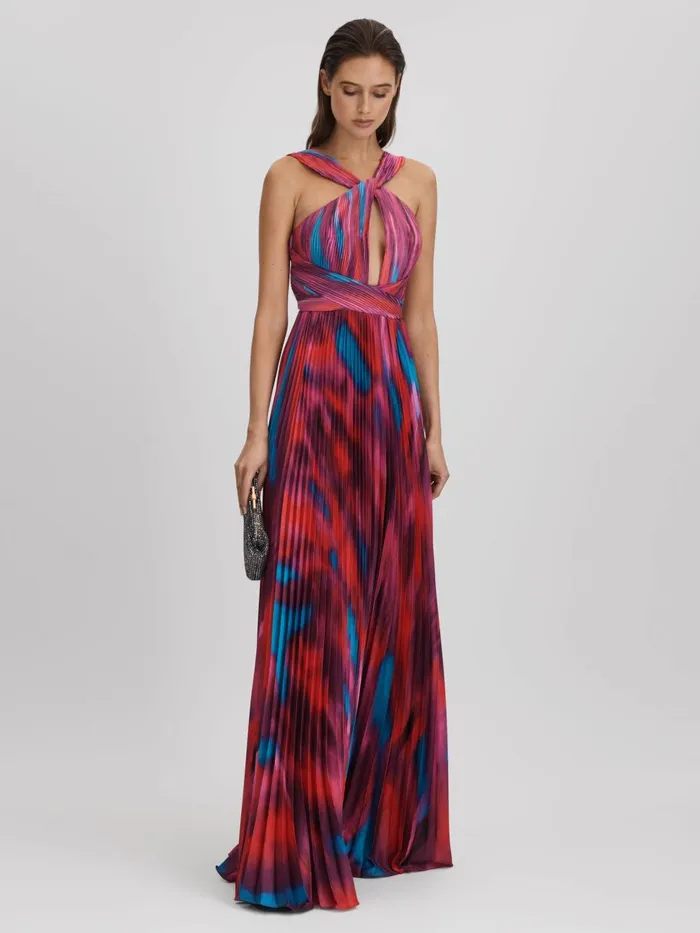 Women Reiss Brands Pleated Halter Neck Maxi Dress Fire Ice