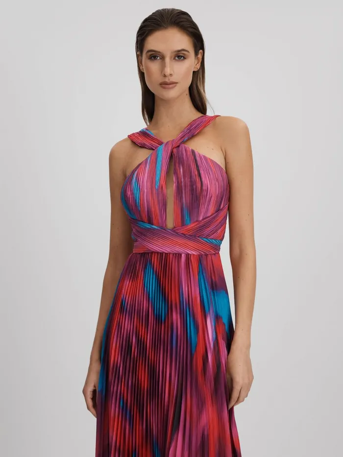 Women Reiss Brands Pleated Halter Neck Maxi Dress Fire Ice