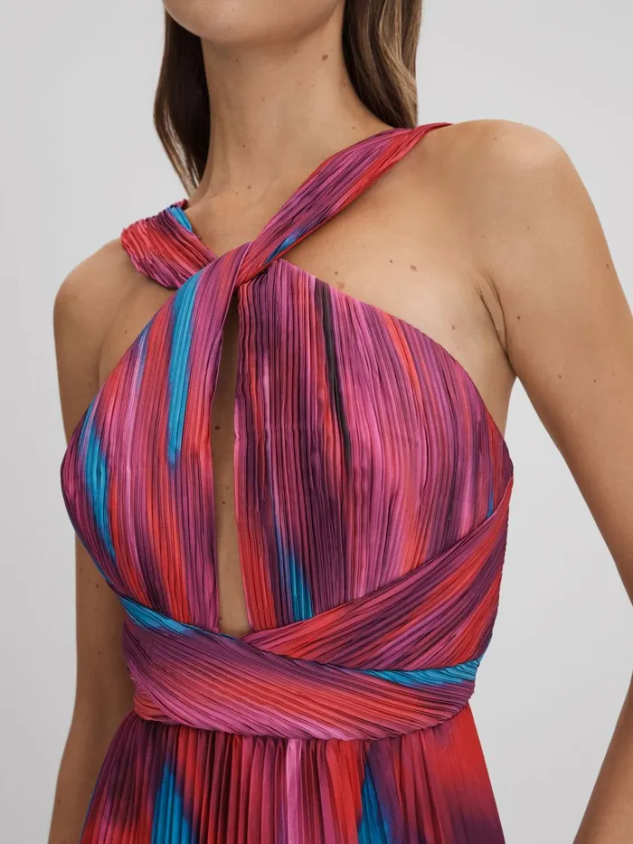 Women Reiss Brands Pleated Halter Neck Maxi Dress Fire Ice