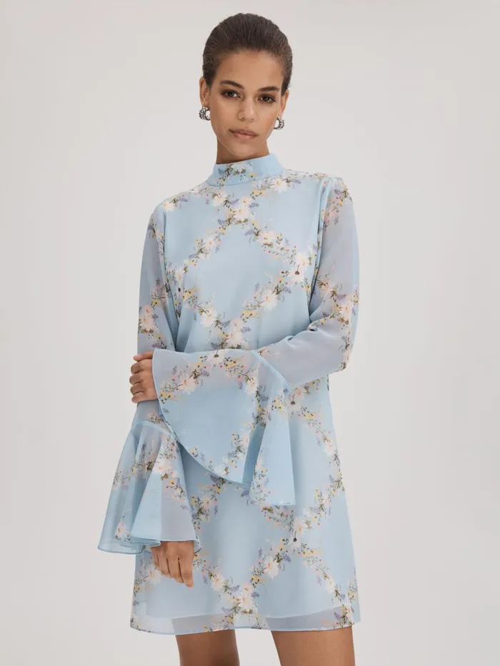 Women Reiss Brands Printed Fluted Sleeve Mini Dress Pale Blue
