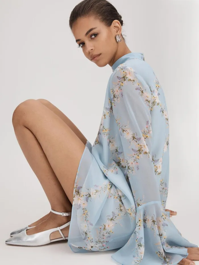 Women Reiss Brands Printed Fluted Sleeve Mini Dress Pale Blue