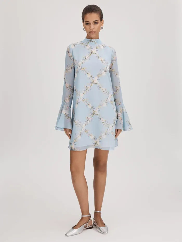 Women Reiss Brands Printed Fluted Sleeve Mini Dress Pale Blue