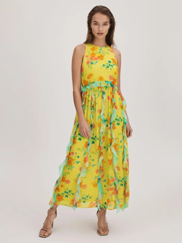 Women Reiss Brands Printed Ruffle Midi Dress Lime
