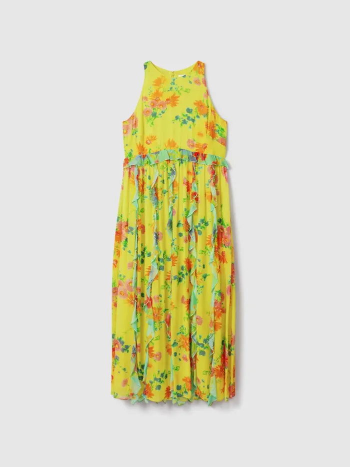 Women Reiss Brands Printed Ruffle Midi Dress Lime