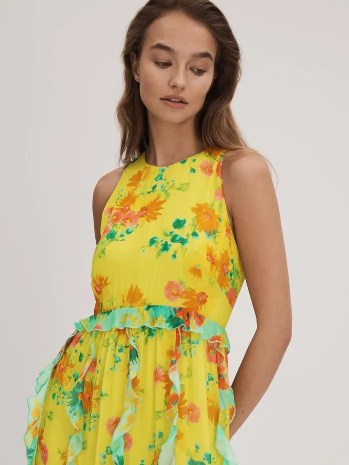 Women Reiss Brands Printed Ruffle Midi Dress Lime