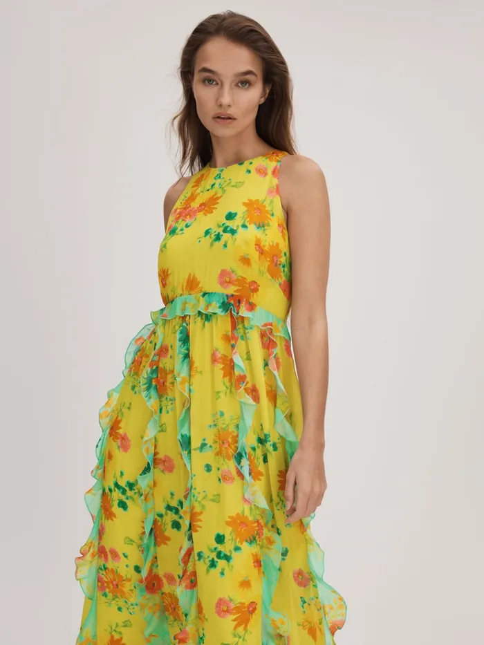 Women Reiss Brands Printed Ruffle Midi Dress Lime