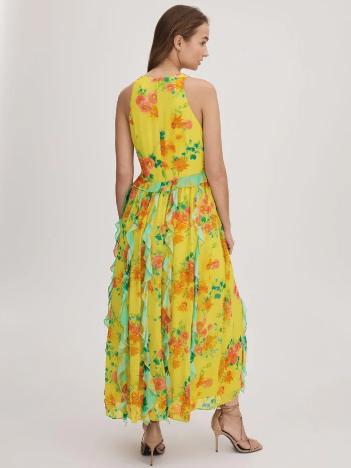Women Reiss Brands Printed Ruffle Midi Dress Lime