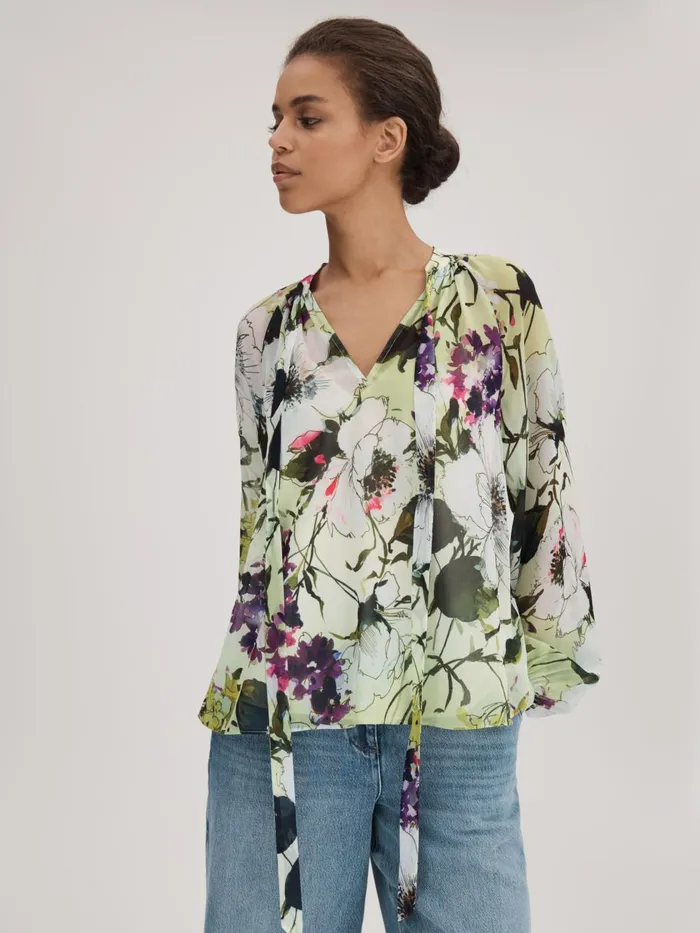 Women Reiss Brands Printed Tie Neck Blouse Multi