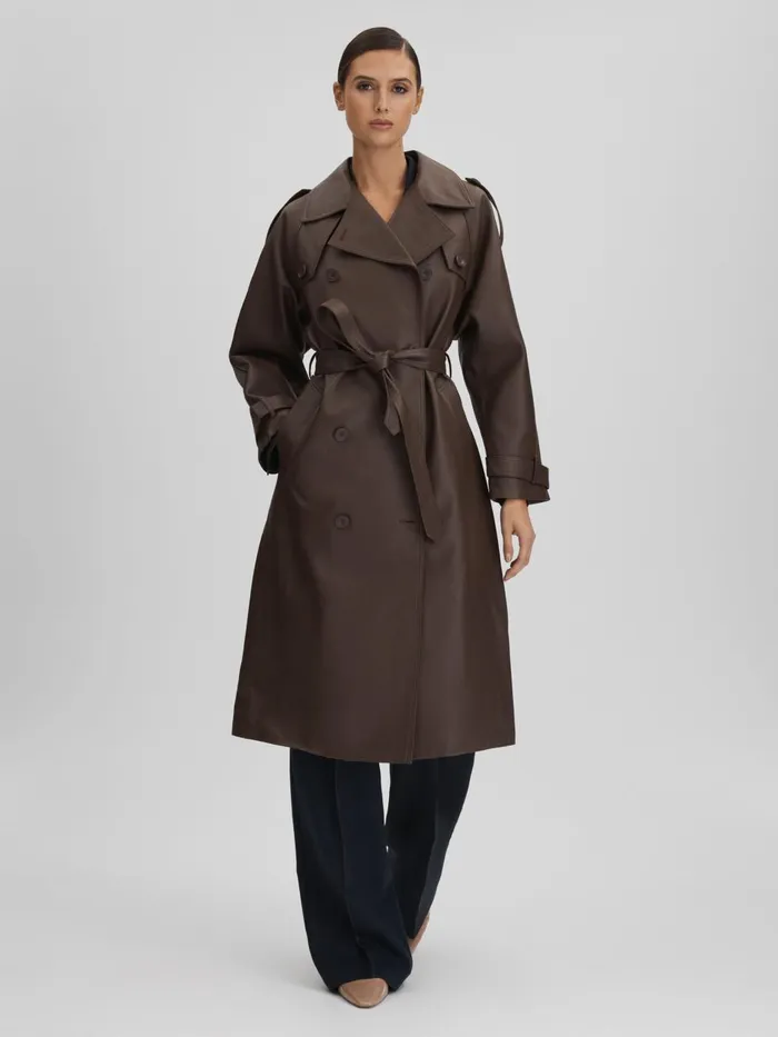 Women Reiss Coats Leather Mid Length Trenchcoat Dark Brown