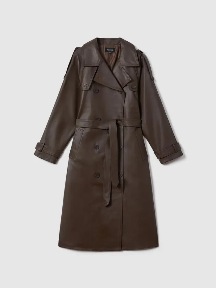 Women Reiss Coats Leather Mid Length Trenchcoat Dark Brown