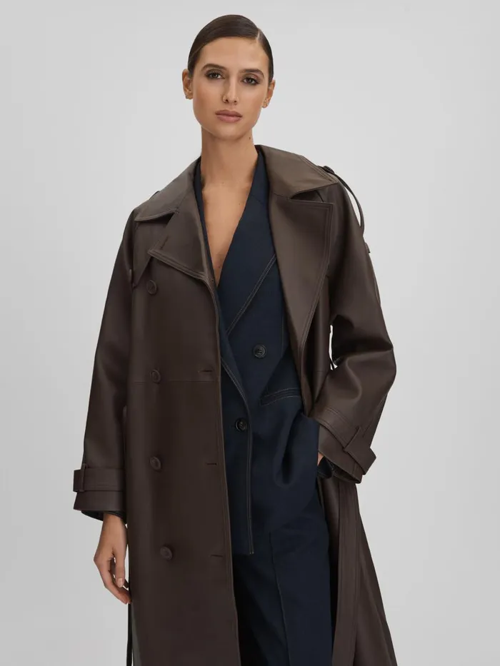 Women Reiss Coats Leather Mid Length Trenchcoat Dark Brown