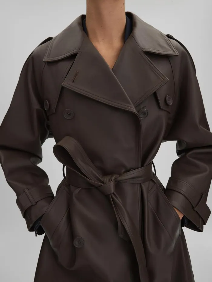 Women Reiss Coats Leather Mid Length Trenchcoat Dark Brown
