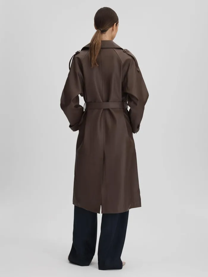 Women Reiss Coats Leather Mid Length Trenchcoat Dark Brown