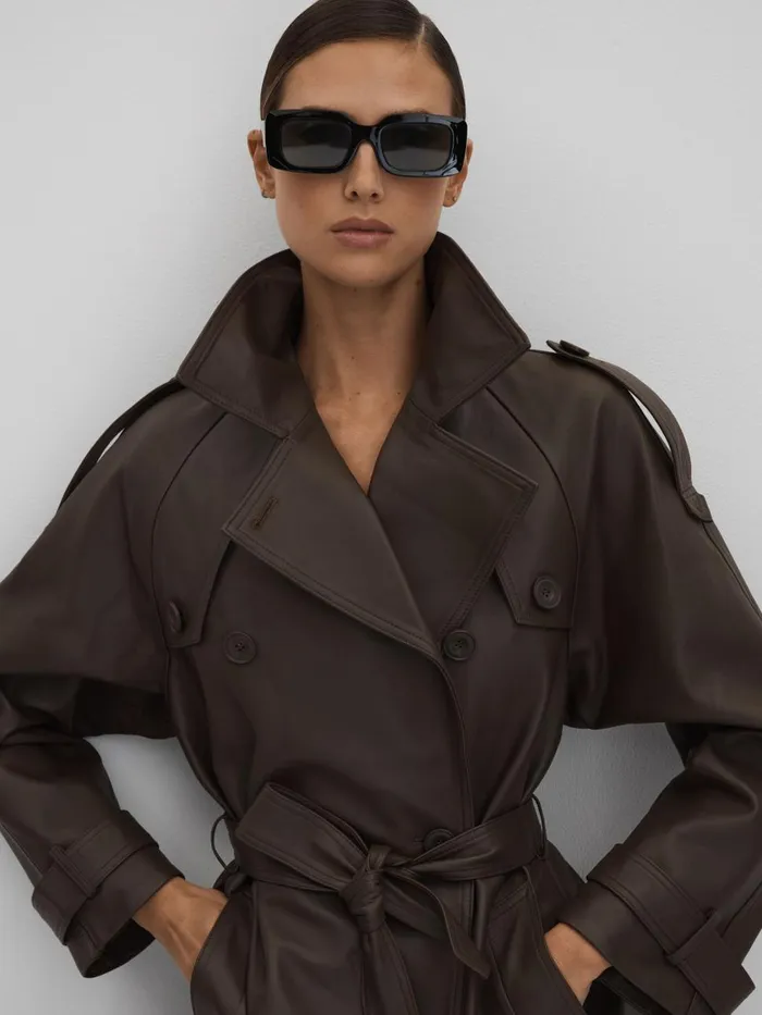 Women Reiss Coats Leather Mid Length Trenchcoat Dark Brown