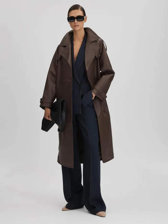 Women Reiss Coats Leather Mid Length Trenchcoat Dark Brown