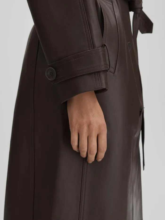 Women Reiss Coats Leather Mid Length Trenchcoat Dark Brown