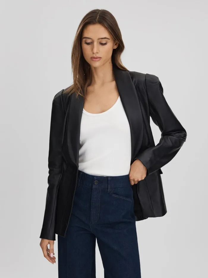Women Reiss Coats Leather Single Breasted Jacket Black