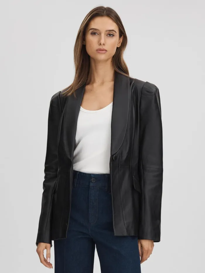 Women Reiss Coats Leather Single Breasted Jacket Black