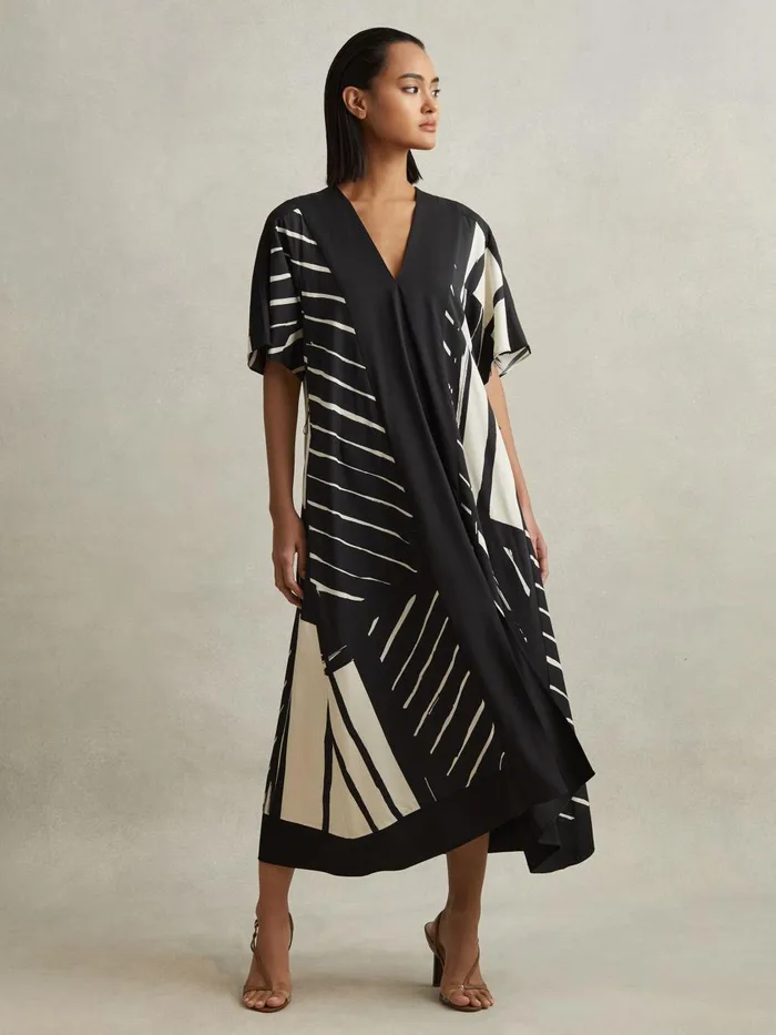 Women Reiss Dresses Cami Printed Fit And Flare Midi Dress Blackwhite