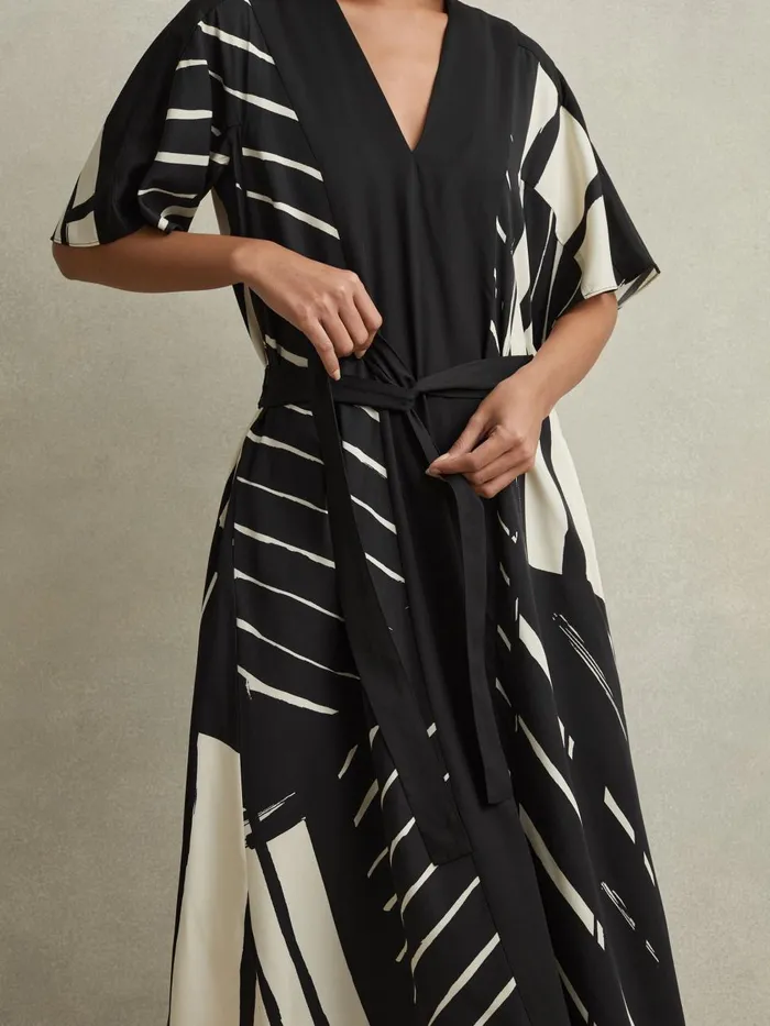 Women Reiss Dresses Cami Printed Fit And Flare Midi Dress Blackwhite
