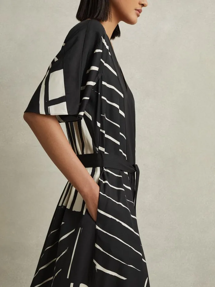 Women Reiss Dresses Cami Printed Fit And Flare Midi Dress Blackwhite