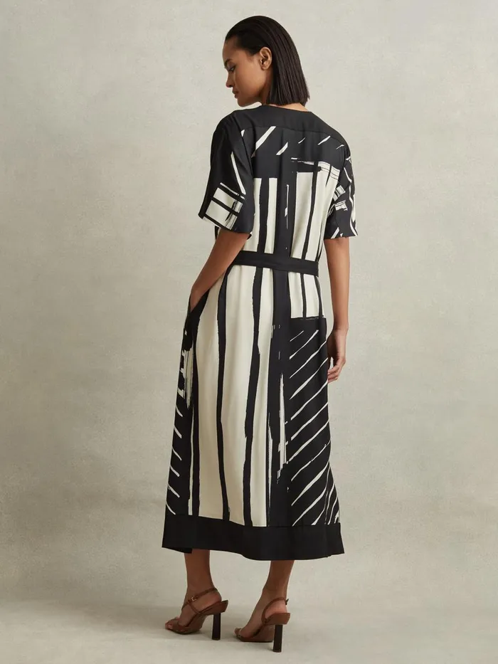 Women Reiss Dresses Cami Printed Fit And Flare Midi Dress Blackwhite