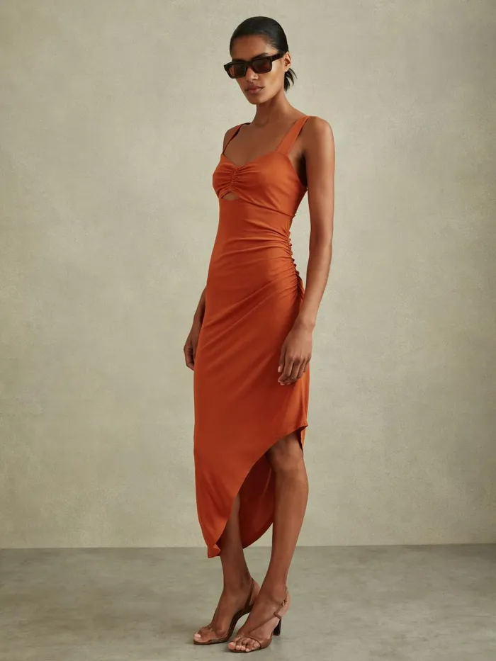 Women Reiss Dresses Carla Jersey Ruched Midi Dress Rust