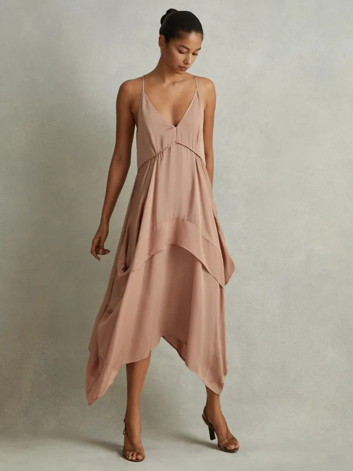 Women Reiss Dresses Demi Viscose Side Pleat Asymmetric Midi Dress Nude