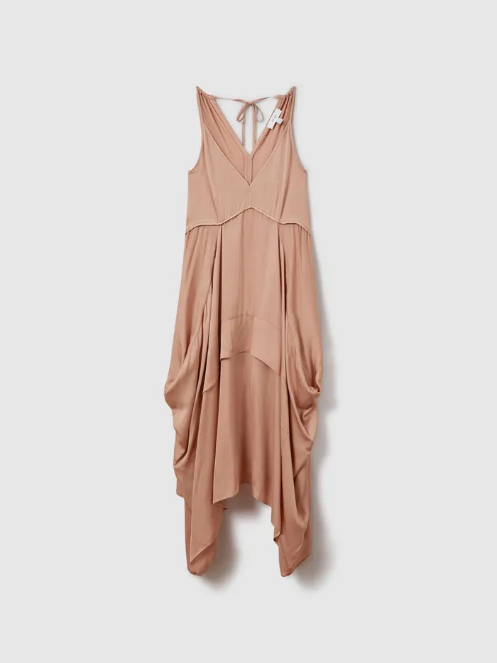 Women Reiss Dresses Demi Viscose Side Pleat Asymmetric Midi Dress Nude