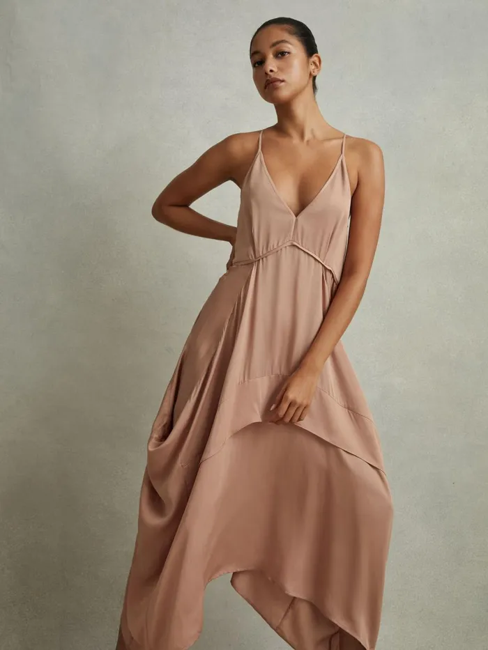 Women Reiss Dresses Demi Viscose Side Pleat Asymmetric Midi Dress Nude