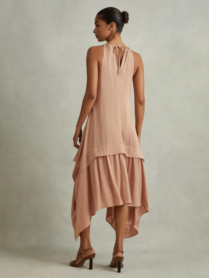 Women Reiss Dresses Demi Viscose Side Pleat Asymmetric Midi Dress Nude