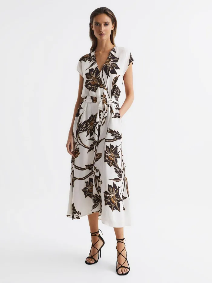 Women Reiss Dresses Harper Printed Cap Sleeve Midi Dress Blackwhite