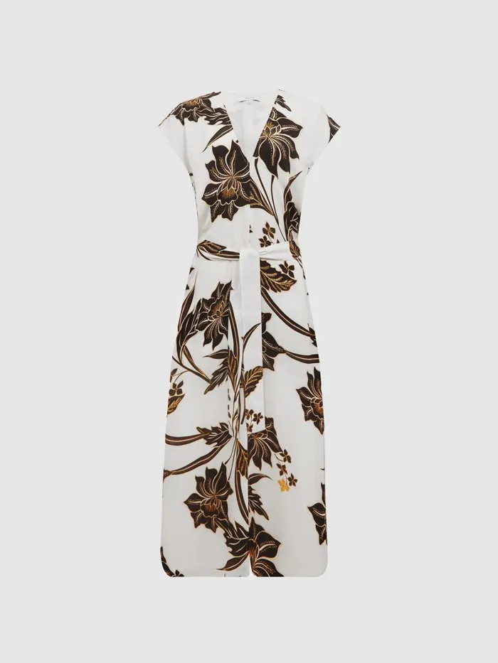 Women Reiss Dresses Harper Printed Cap Sleeve Midi Dress Blackwhite