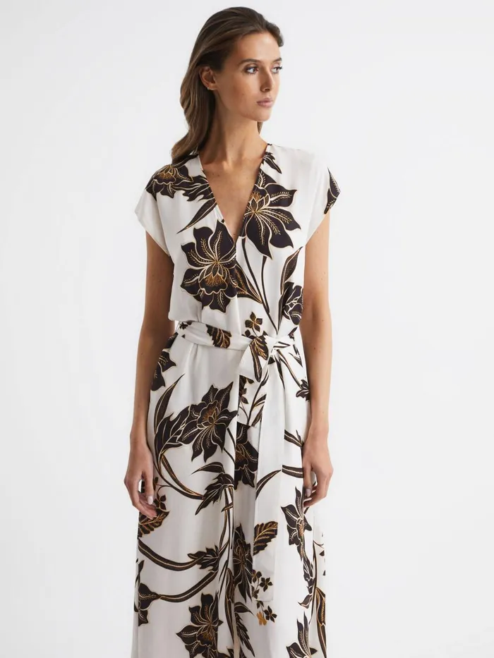 Women Reiss Dresses Harper Printed Cap Sleeve Midi Dress Blackwhite