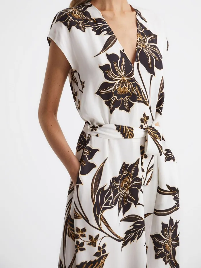 Women Reiss Dresses Harper Printed Cap Sleeve Midi Dress Blackwhite