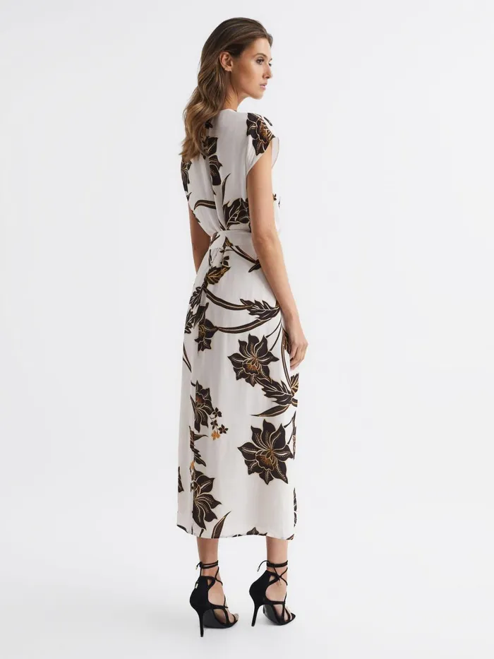 Women Reiss Dresses Harper Printed Cap Sleeve Midi Dress Blackwhite