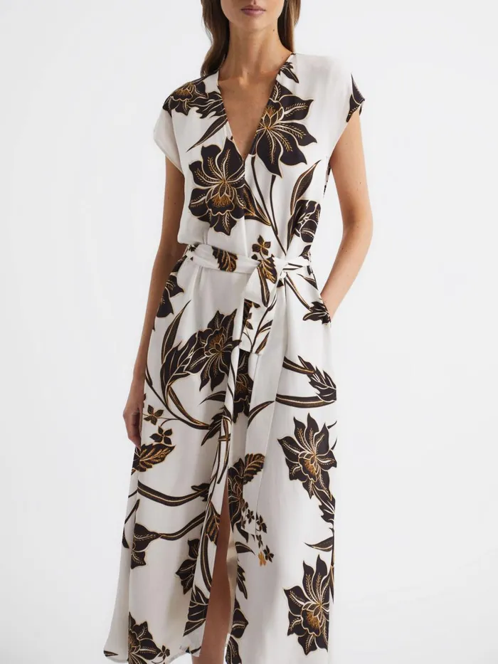Women Reiss Dresses Harper Printed Cap Sleeve Midi Dress Blackwhite