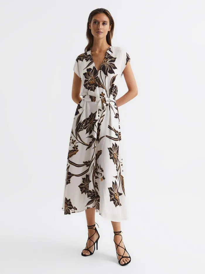 Women Reiss Dresses Harper Printed Cap Sleeve Midi Dress Blackwhite