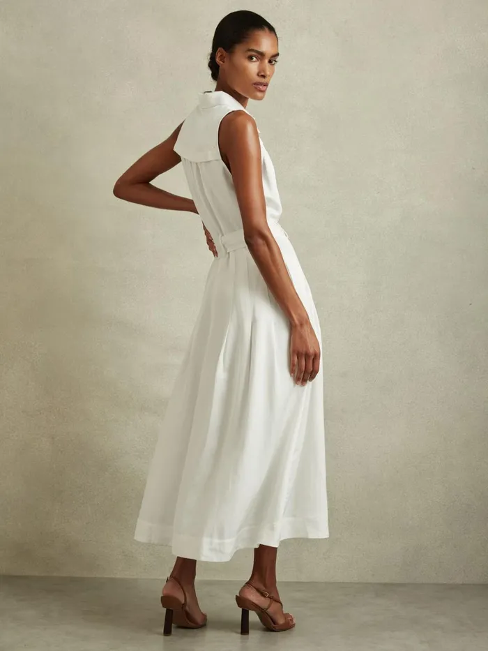 Women Reiss Dresses Heidi Viscose Linen Belted Midi Dress White