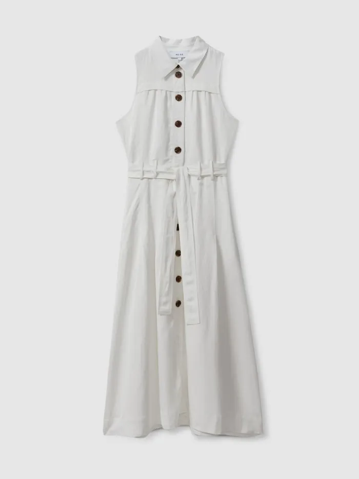 Women Reiss Dresses Heidi Viscose Linen Belted Midi Dress White
