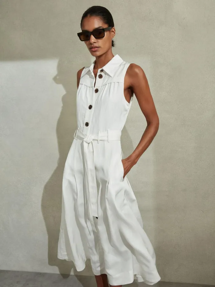 Women Reiss Dresses Heidi Viscose Linen Belted Midi Dress White