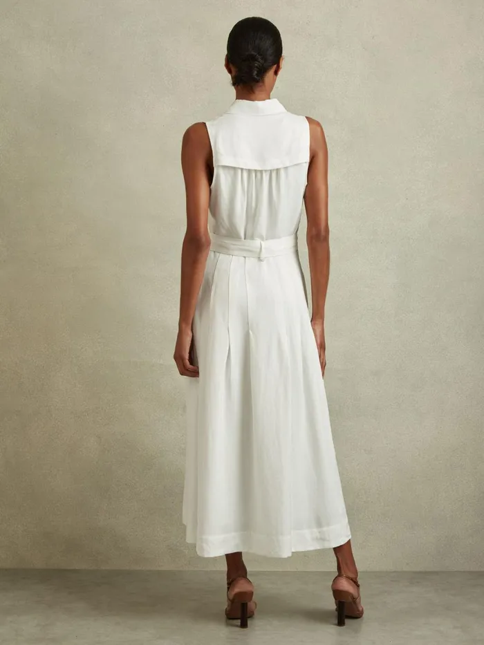 Women Reiss Dresses Heidi Viscose Linen Belted Midi Dress White