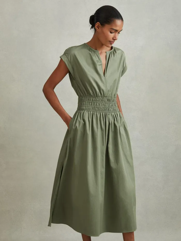 Women Reiss Dresses Lena Cotton Ruched Waist Midi Dress Green