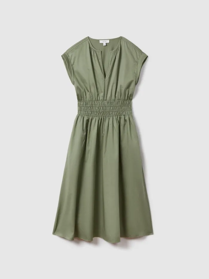 Women Reiss Dresses Lena Cotton Ruched Waist Midi Dress Green