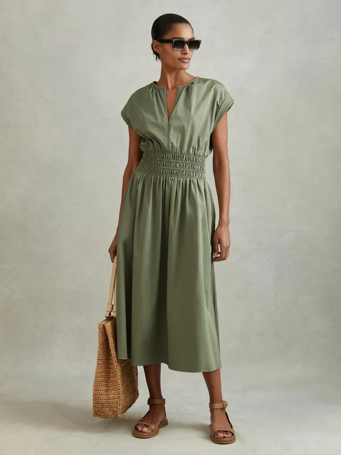 Women Reiss Dresses Lena Cotton Ruched Waist Midi Dress Green