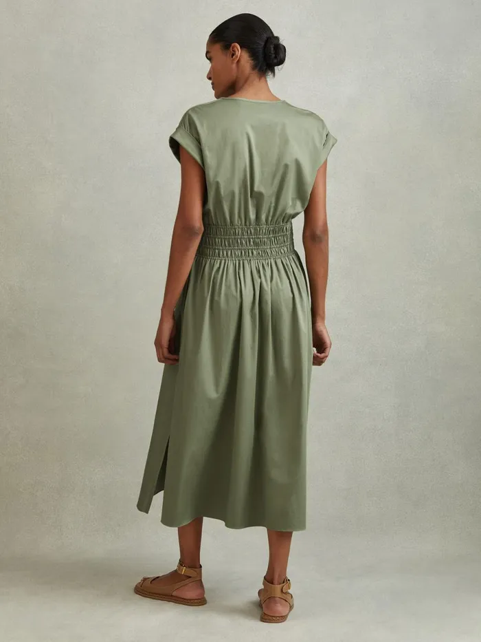 Women Reiss Dresses Lena Cotton Ruched Waist Midi Dress Green