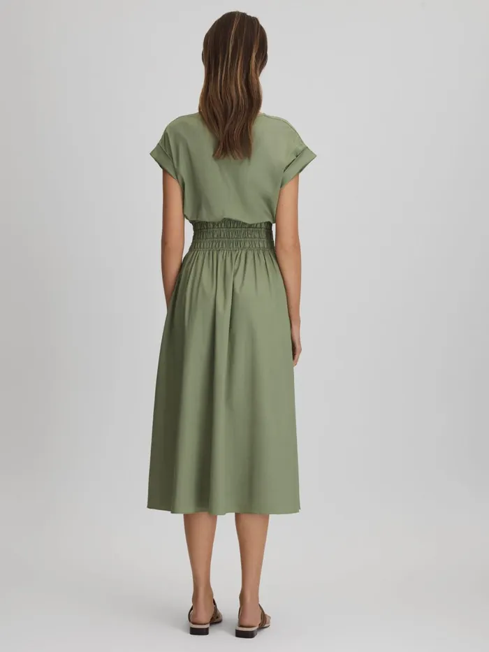 Women Reiss Dresses Lena Cotton Ruched Waist Midi Dress Green
