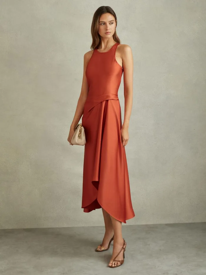 Women Reiss Dresses Micah Satin Drape Tuck Midi Dress Rust
